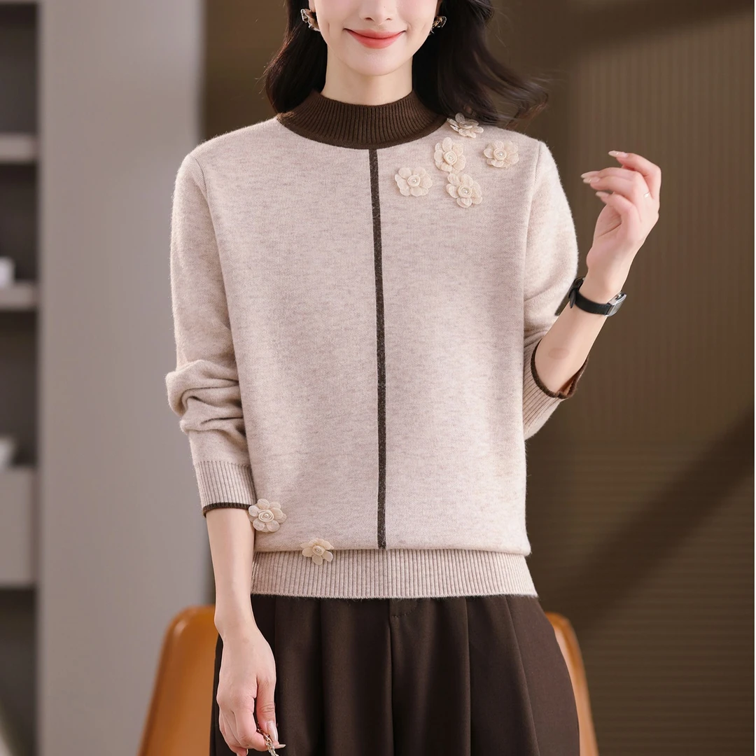 新款妈妈装毛衣中老年女时尚宽松上衣立体针织衫洋气打底8817