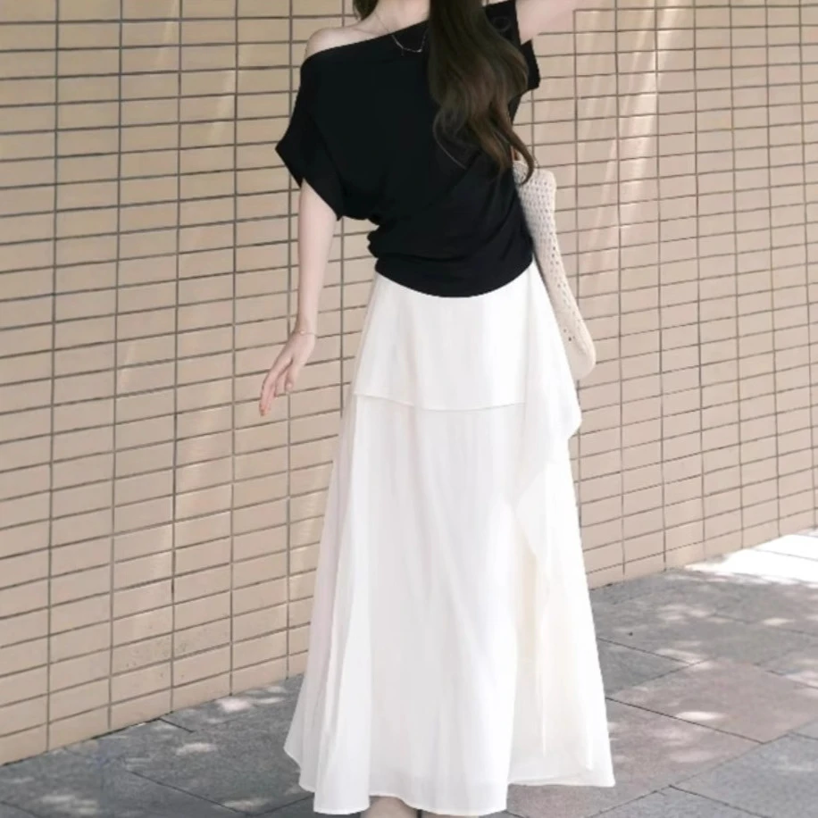 韩系黑色斜肩短袖上衣女夏季新款纯欲风设计不规则小众温柔舒适