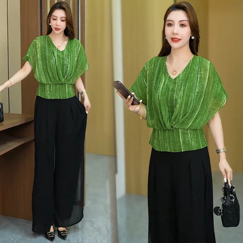 时尚套装女2025夏季新款V领蝙蝠袖短款上衣休闲宽松阔腿裤两件套