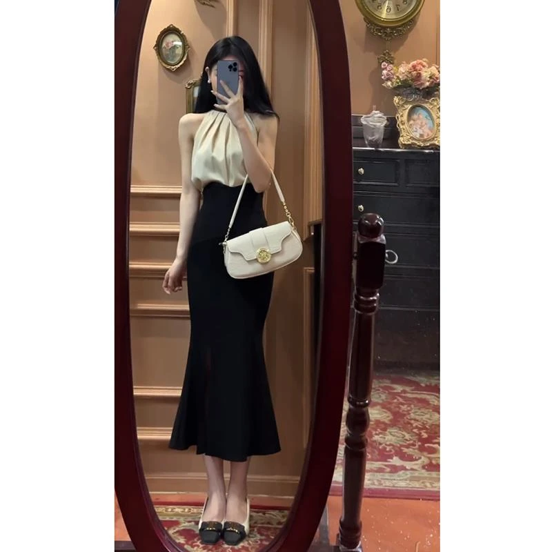 法式黑色包臀裙鱼尾裙a字半身裙女夏小个子高腰显瘦长裙气质半裙