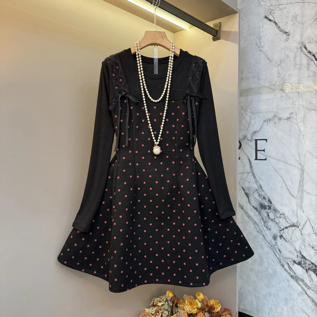 2025新款设计感绑带蝴蝶结收腰显瘦名媛风精致大码波点连衣裙9273