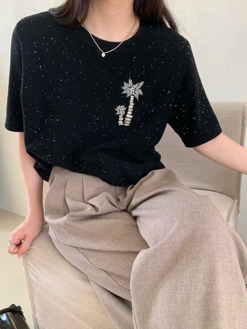 25春夏新品水溶刺绣轻薄圆领短袖针织女1281