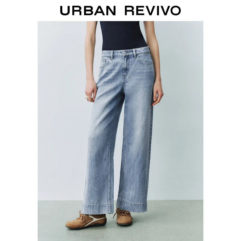 UR2025春季新品女装欧若风复古休闲水洗猫须牛仔长裤UYU850025