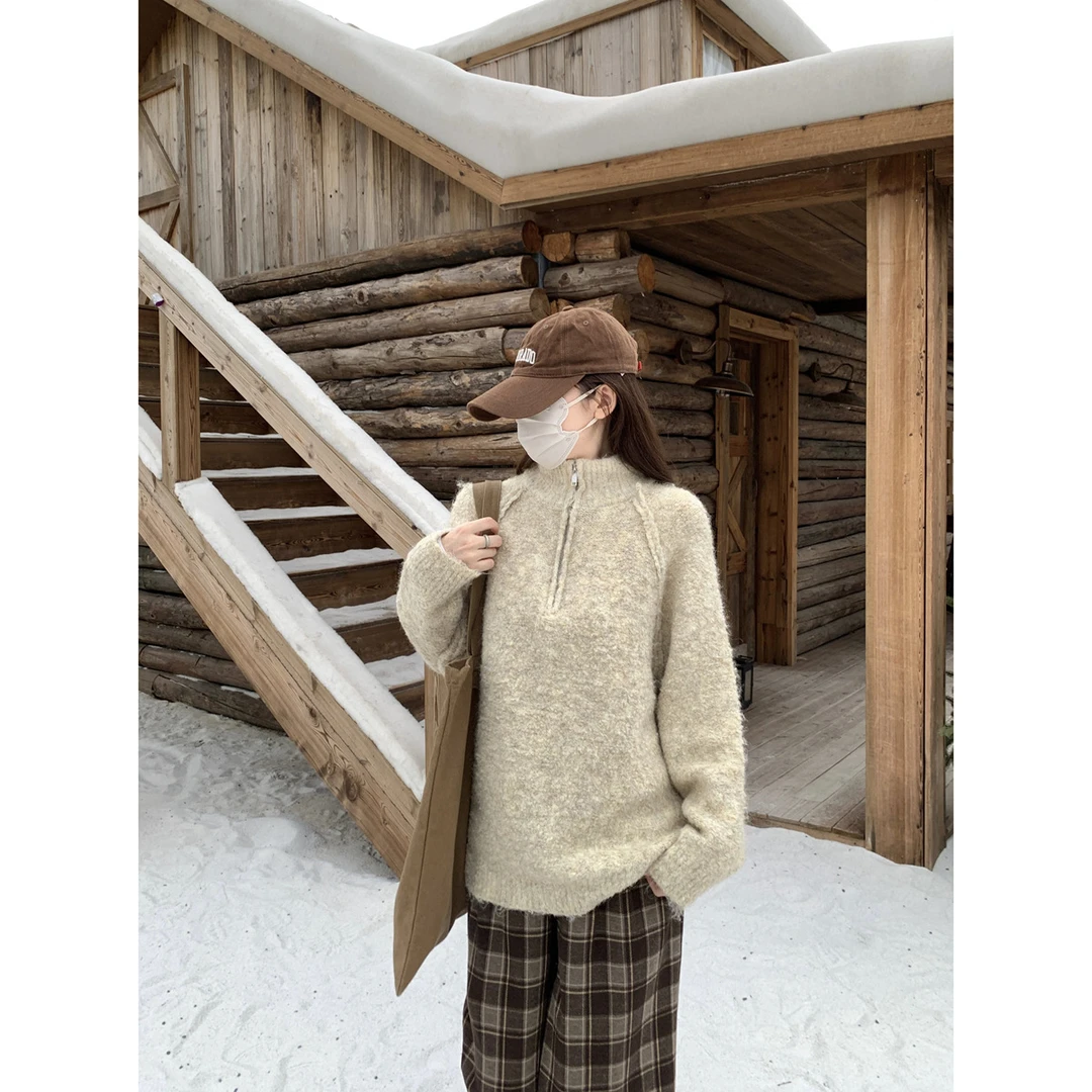 实拍实价秋冬韩版宽松软糯百搭拉链立领加厚套头毛衣针织衫上衣