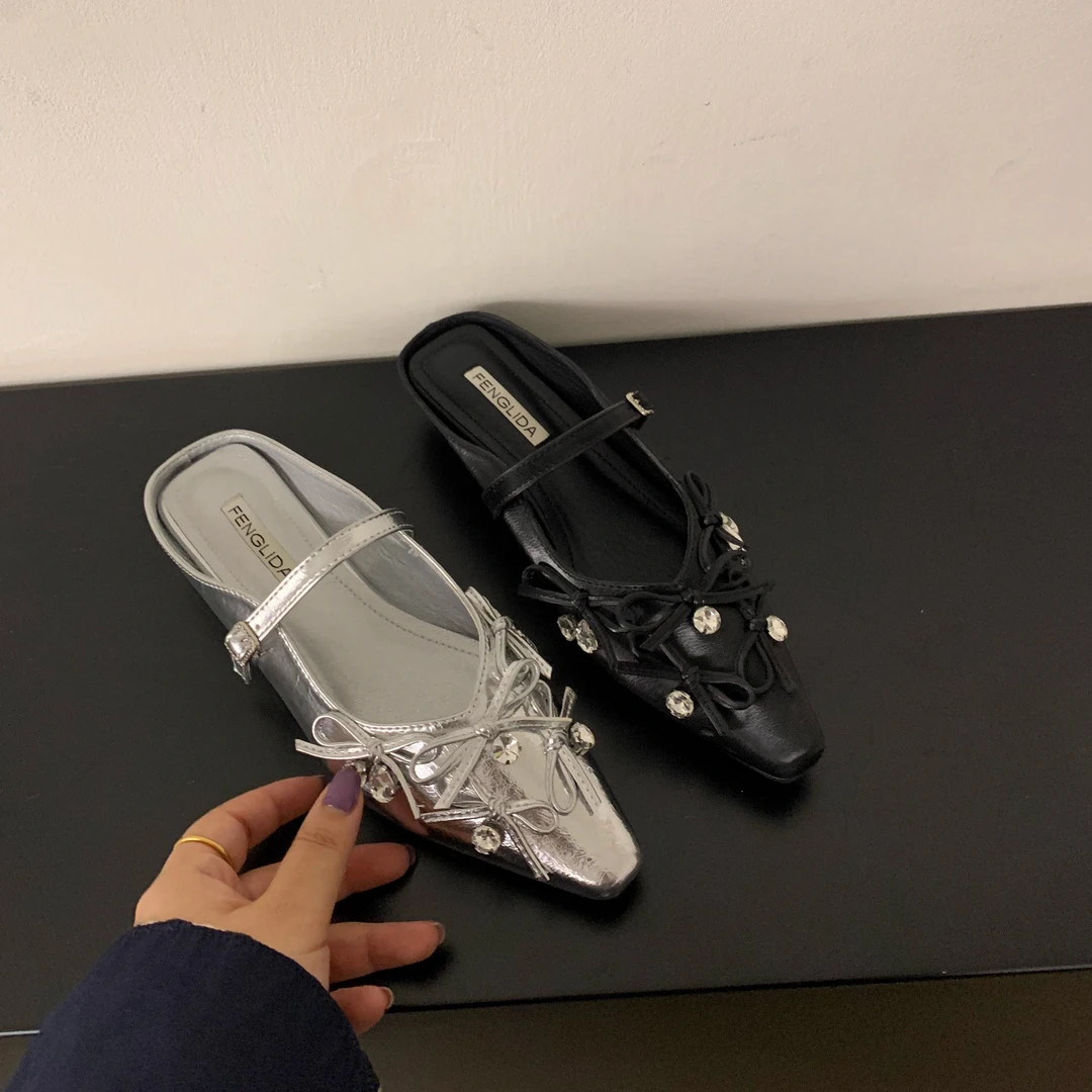 法式蝴蝶结玛丽珍半拖鞋银色女鞋子春夏季新款包头凉拖鞋水钻单鞋