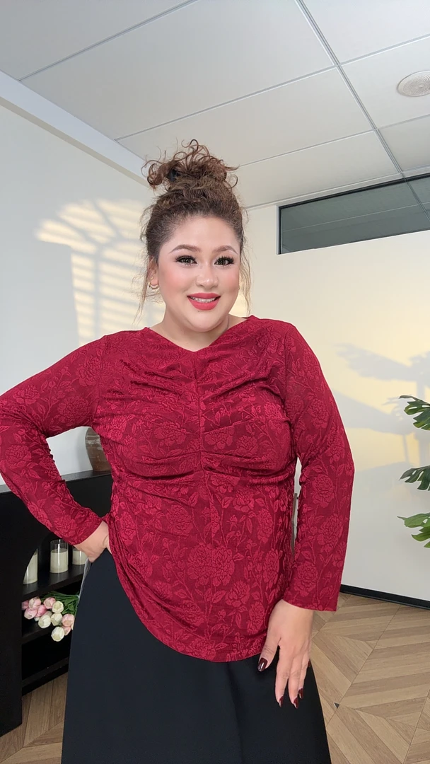 AHLIMA大码女装2025推荐款V领黑色印花长袖染色针织保暖T恤显瘦