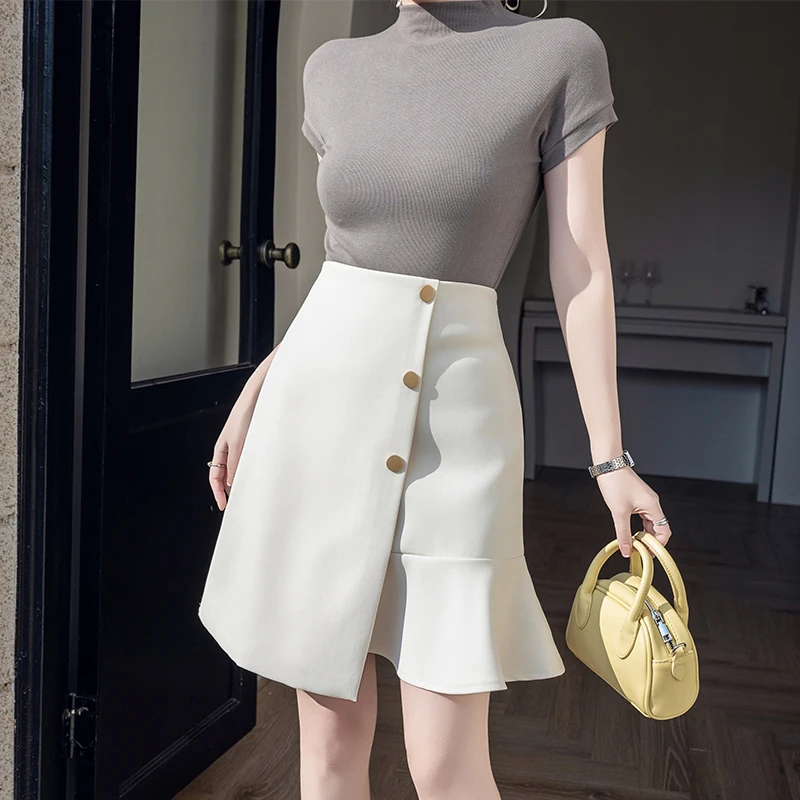 2025春夏新款百搭显瘦休闲鱼尾半身裙高腰排扣不规则a字职业短裙