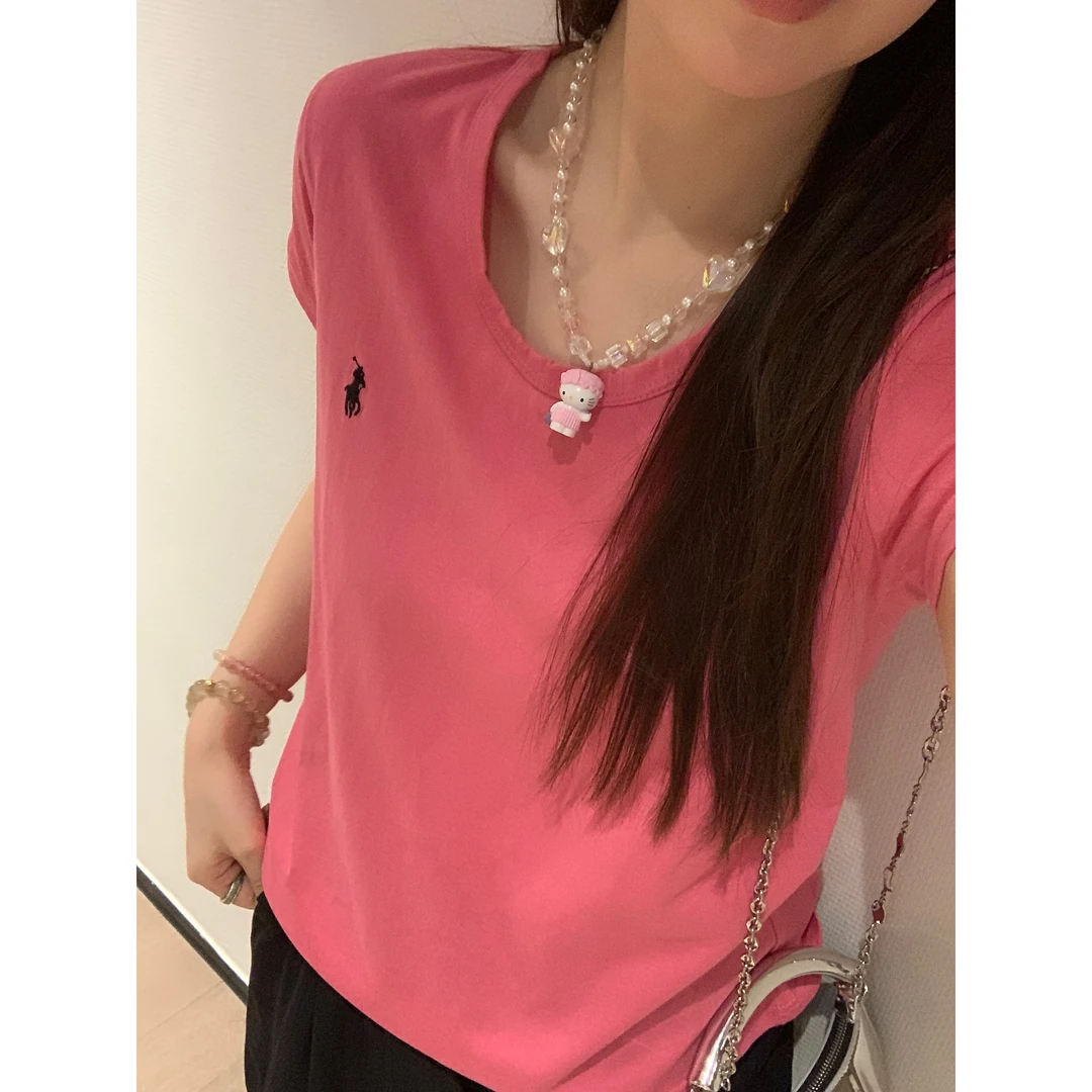 小沈美眉 基础百搭 韩系刺绣圆领短袖T恤春夏宽松显瘦上衣女