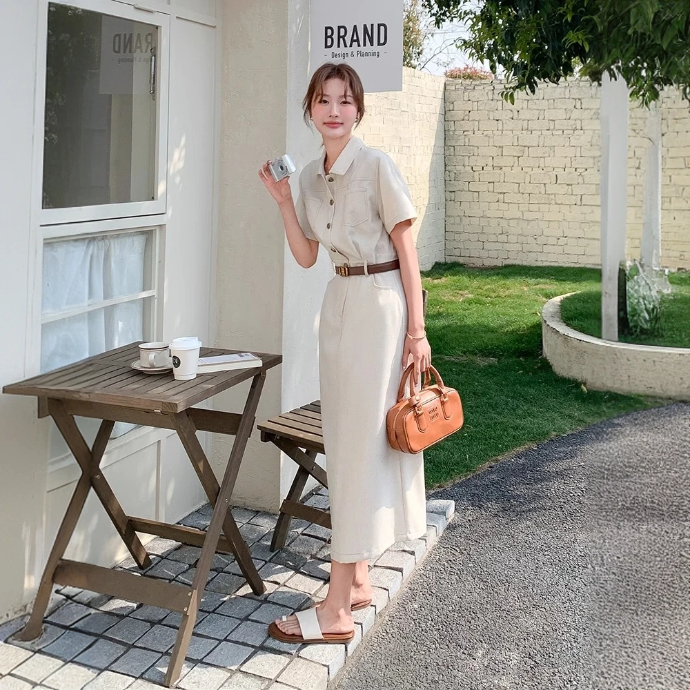 米杏色气质工装连衣裙白色女装女夏季韩系1451黑色中长款连衣裙