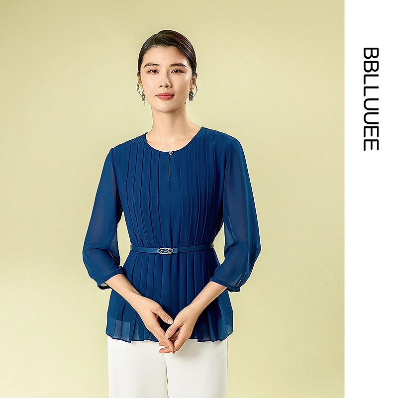 【雅然严选】【薄纱飘逸压褶衬衫】粉蓝衣橱东方感纱袖上衣女551C020