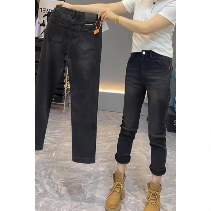 艾塔莉黑色烟管牛仔裤女春季新款小个子铅笔裤胖mm大码显瘦小脚裤