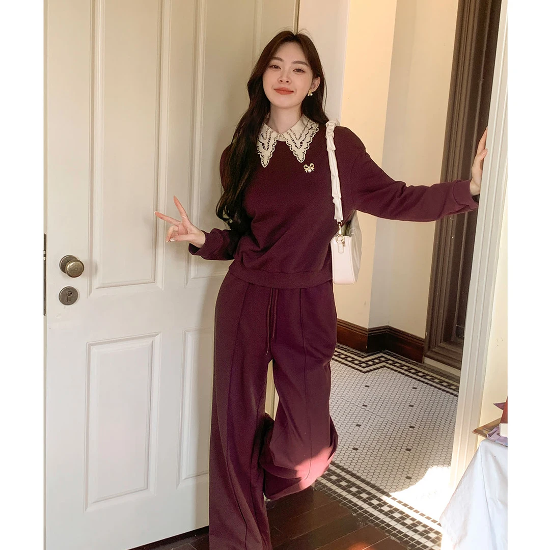 GERTCOREL2025新款春秋季时尚设计款撞色卫衣长裤灰紫色休闲套装