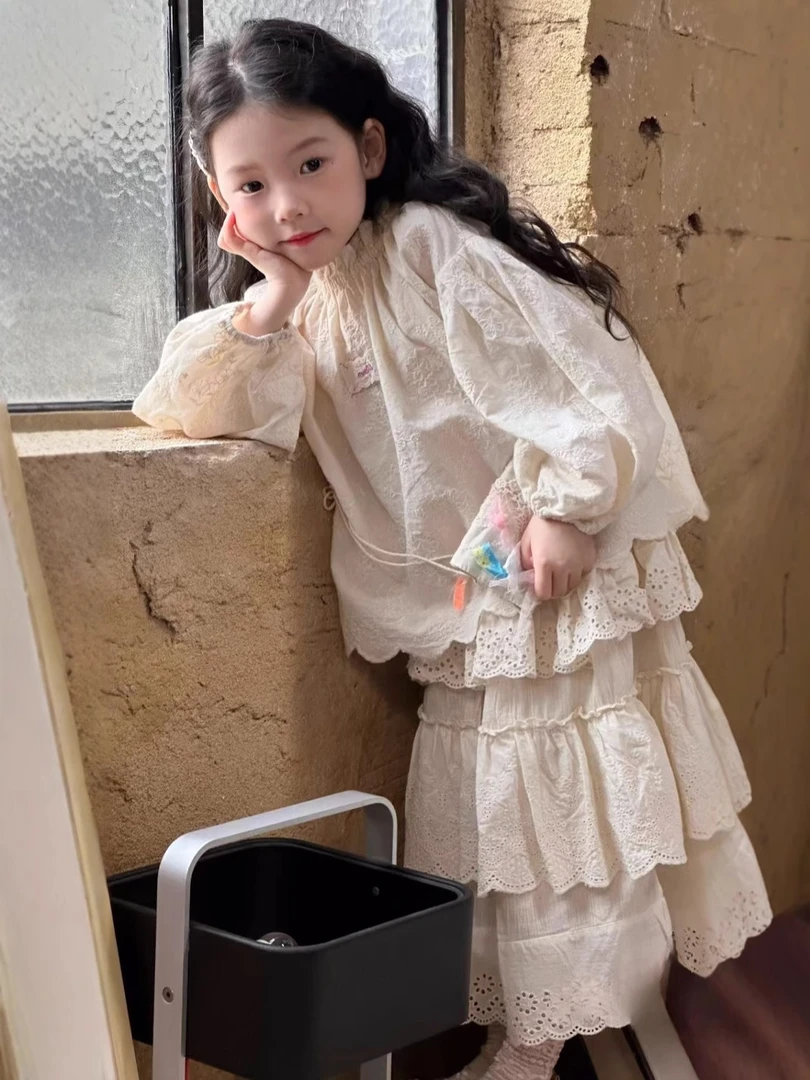 女童套装2025春装新款中小童法式重工提花刺绣衬衫韩系