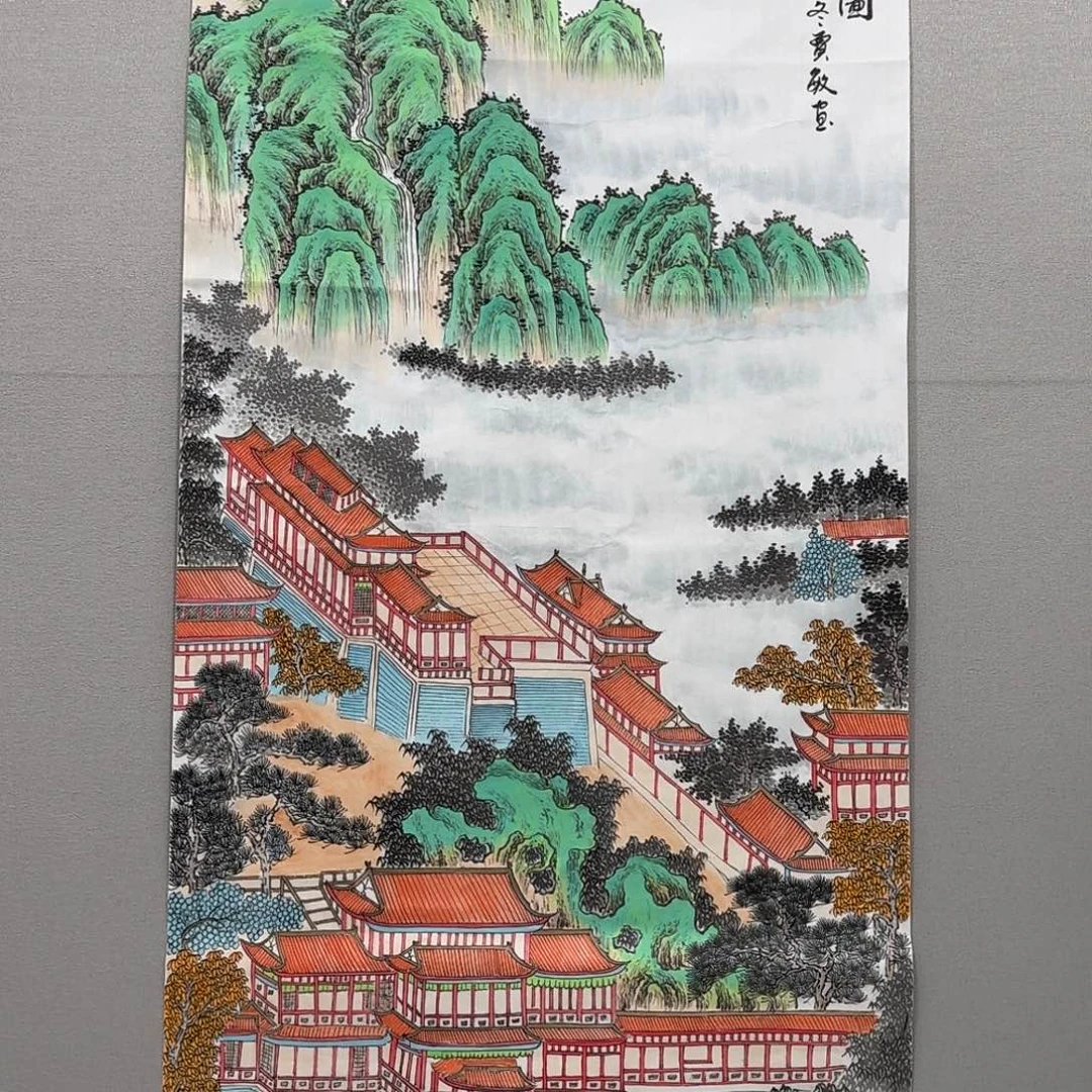 国画竖幅四尺工笔楼阁图贾敏