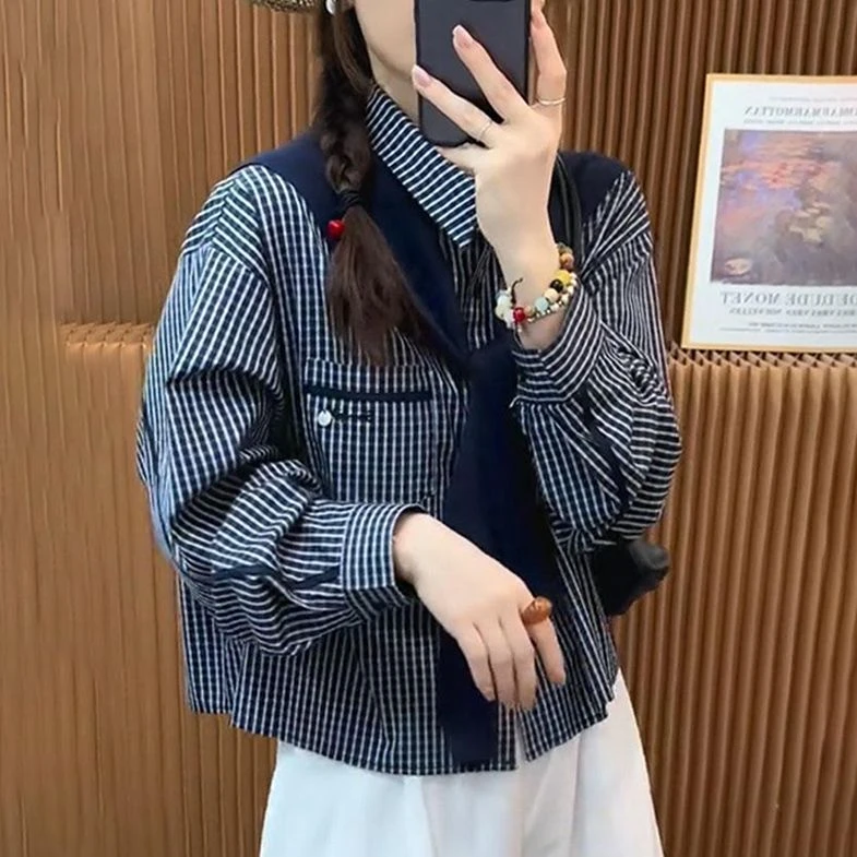 百搭翻领长袖衬衫女2025秋单排扣格子上衣配披肩小众设计感穿搭