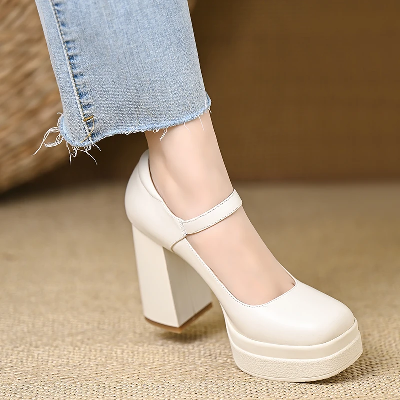 10厘米白色头层牛皮防水台高跟鞋女小个子法式浅口方头粗跟单鞋