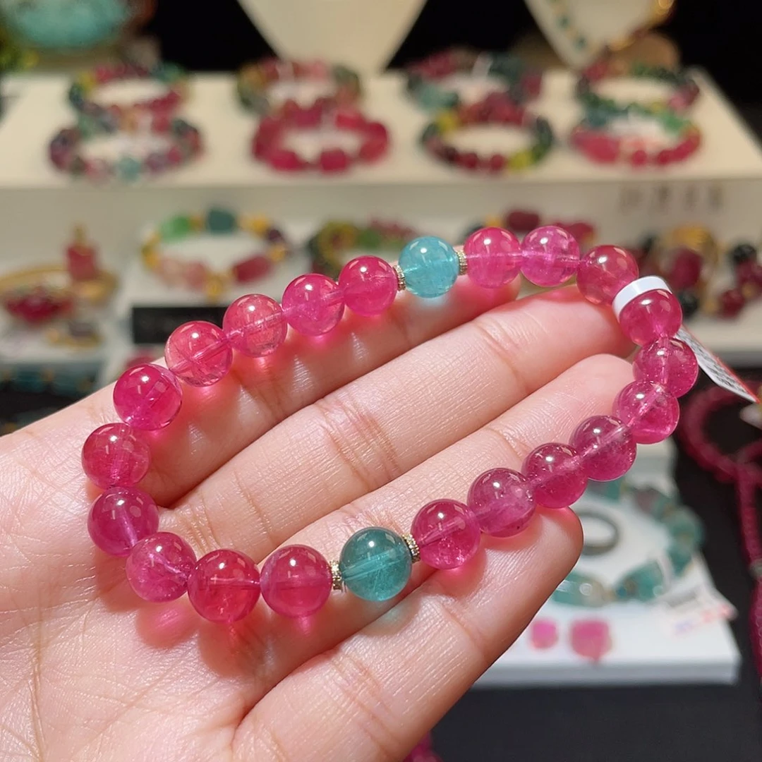 碧玺手链18K金镶嵌 8+mm 桃红搭帕蓝