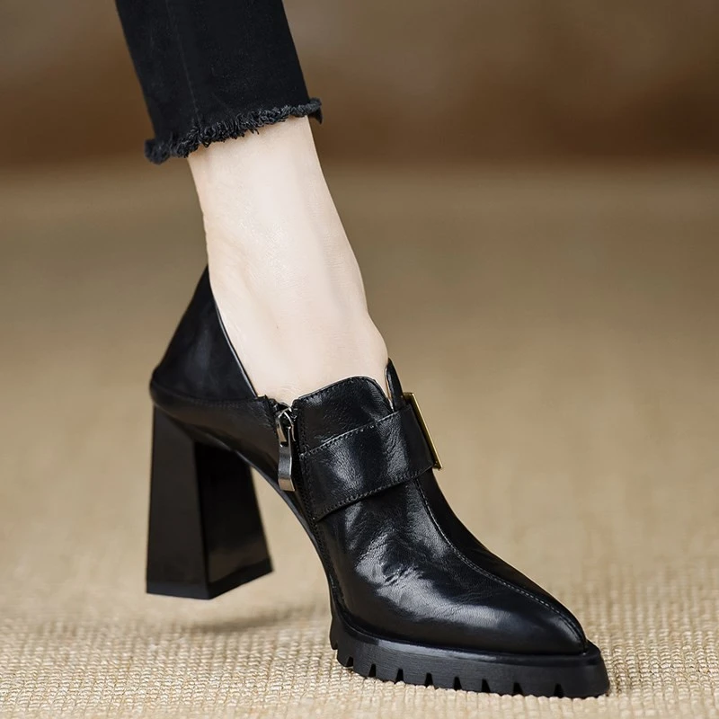 时尚手工女鞋春季新款单鞋高跟防水台尖头咖啡色复古英伦风黑色