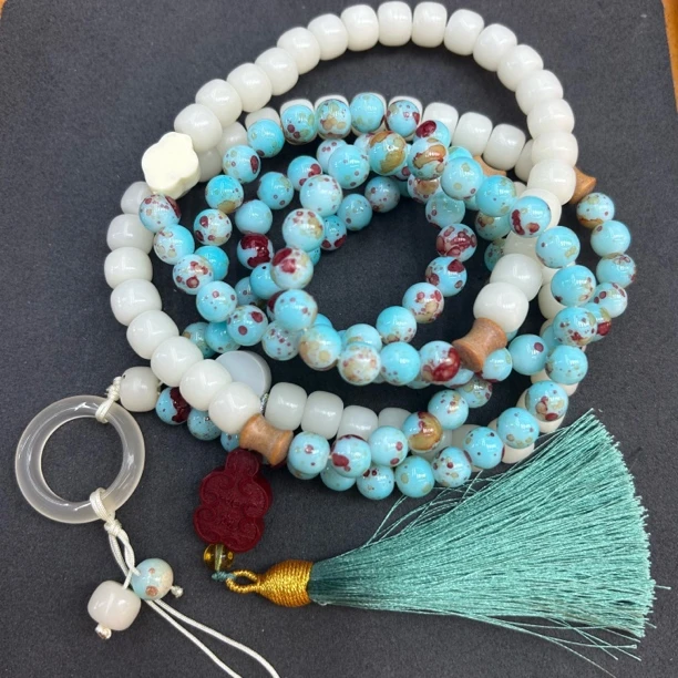 白玉菩提蓝珠吉祥挂件斜挎0057