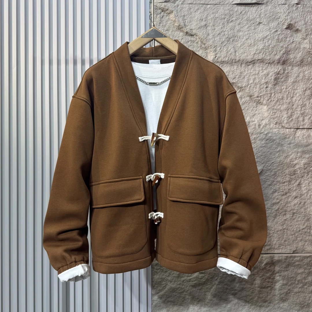 小彬国秋季潮牌复古慵懒风V领开衫男女款保暖牛角扣大口袋外套