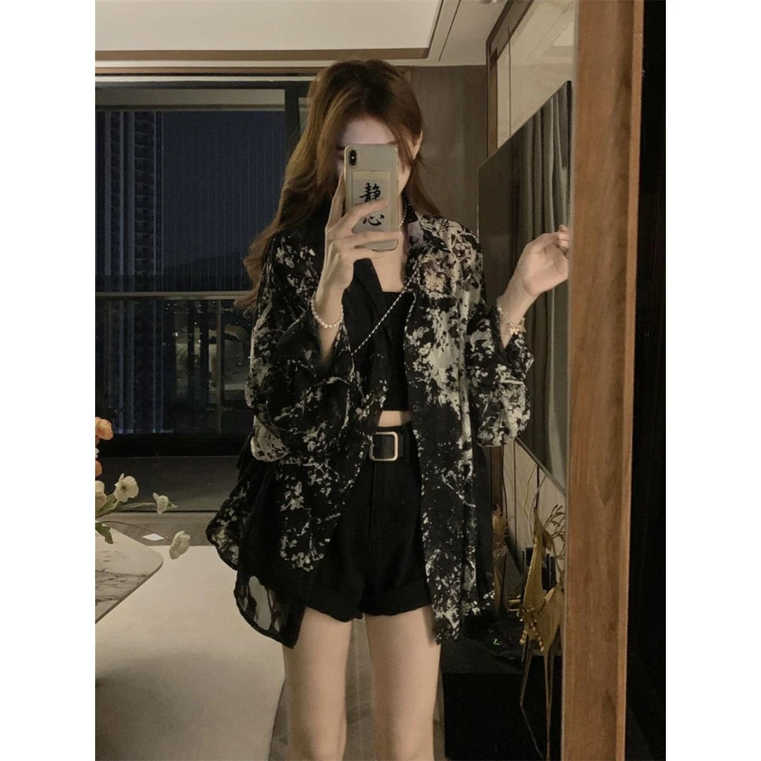 胖MM300斤大码新中式国风设计感水墨画印花别致百搭衬衫外套女夏