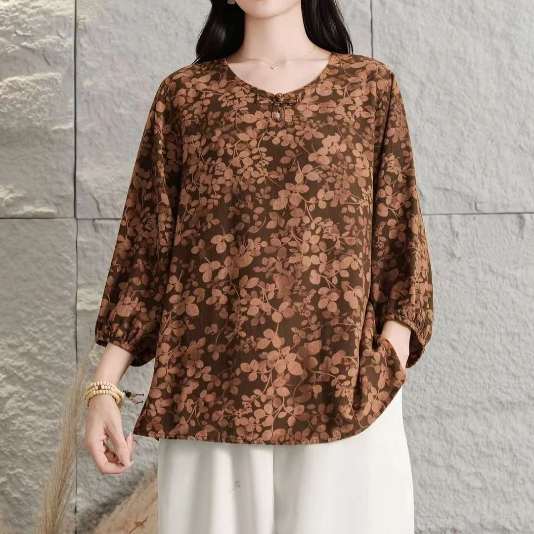 11895新款春秋国风印花复古宽松显瘦大气T恤