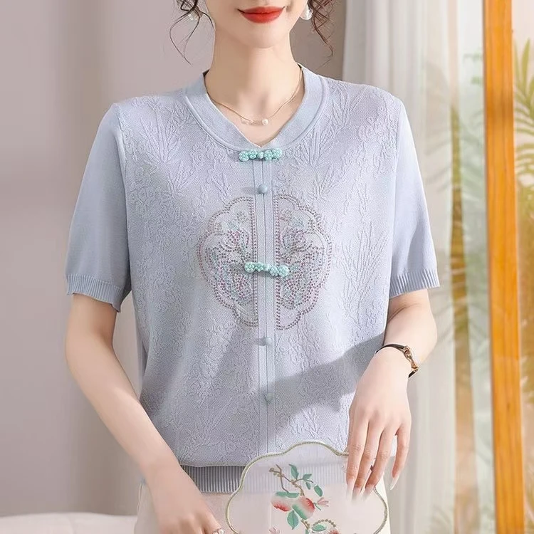 2025新款中老年女夏装短袖T恤妈妈冰丝上衣中式国风时尚洋气2568