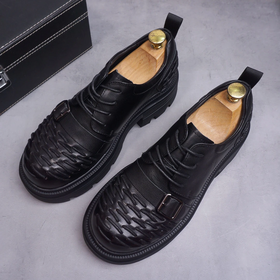 韩版潮流商务休闲皮鞋个性舒适厚底松糕男士圆头内增高皮鞋男德比