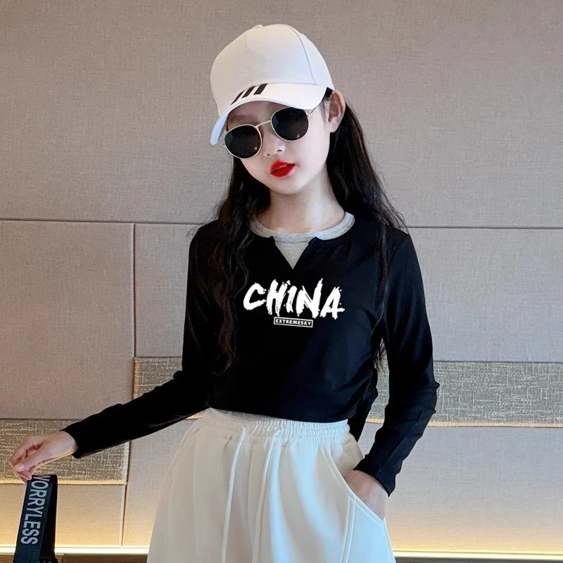 女童长袖T恤假两件儿童纯色棉质上衣秋装洋气新款女孩大童打底衫