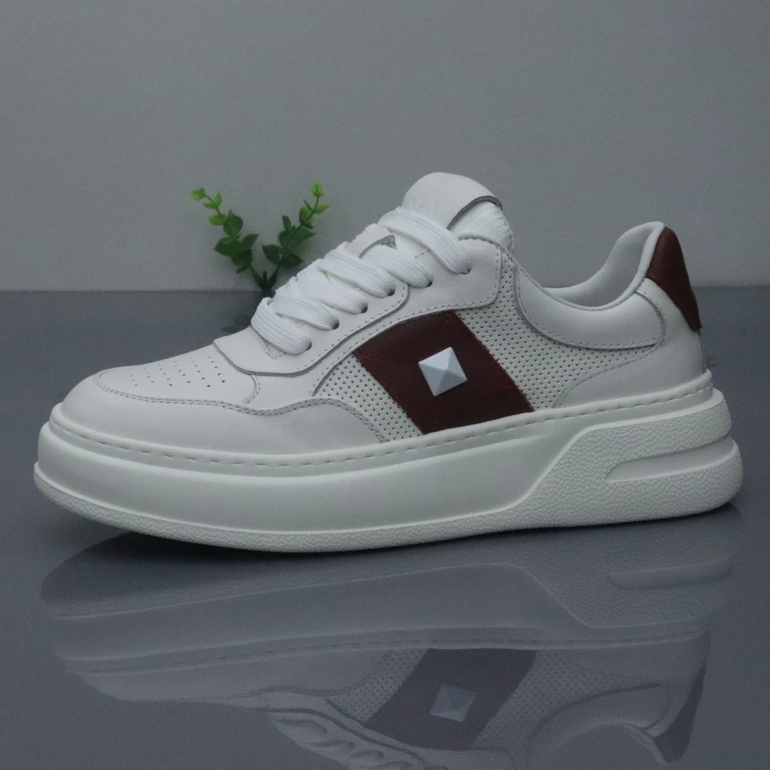 头层牛皮春秋低帮时尚透气休闲男士白红色真皮厚底高档男鞋潮鞋