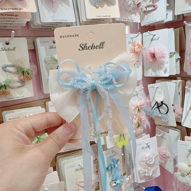 C1204-X蓝色蝴蝶结串珠飘带【满15包邮发货】可爱仙女儿童发饰