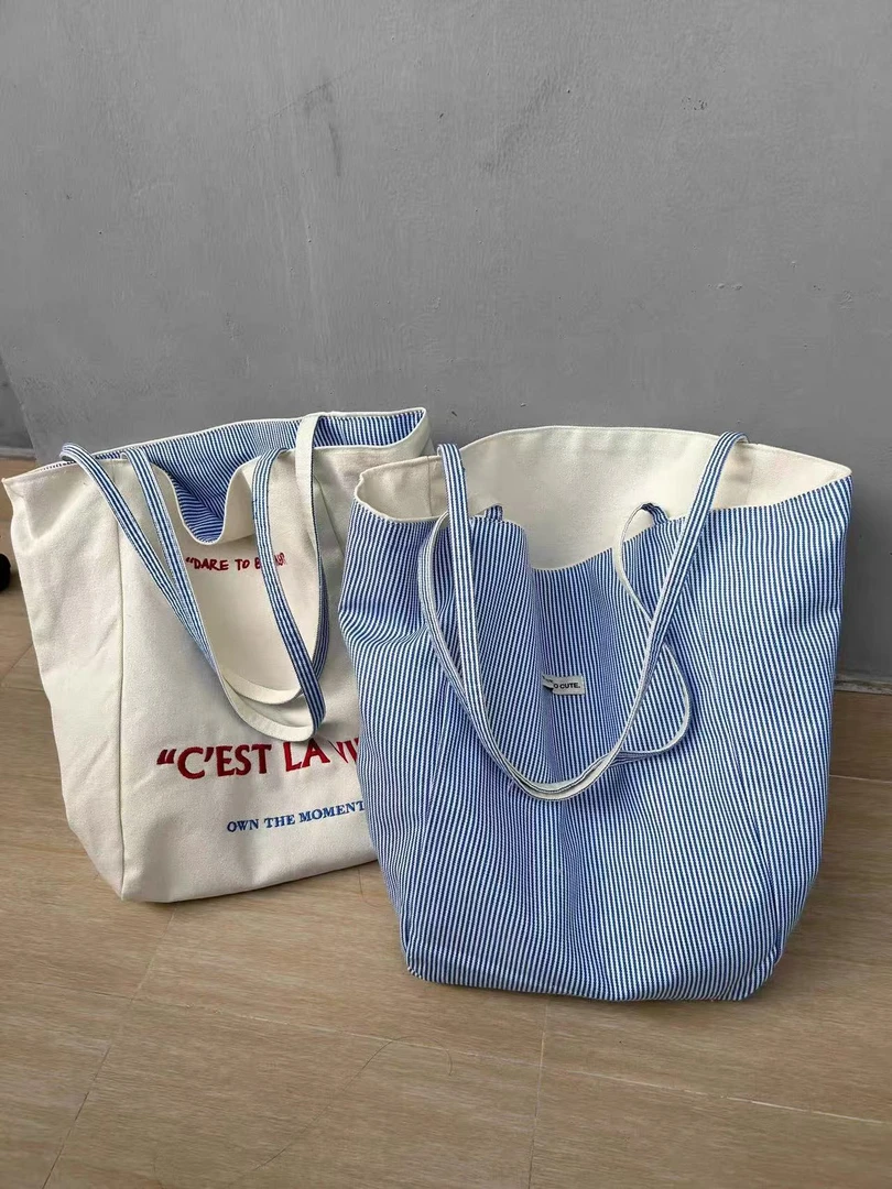韩国爆款蓝白条纹帆布包女包2025新款百搭大容量布包休闲百搭布袋