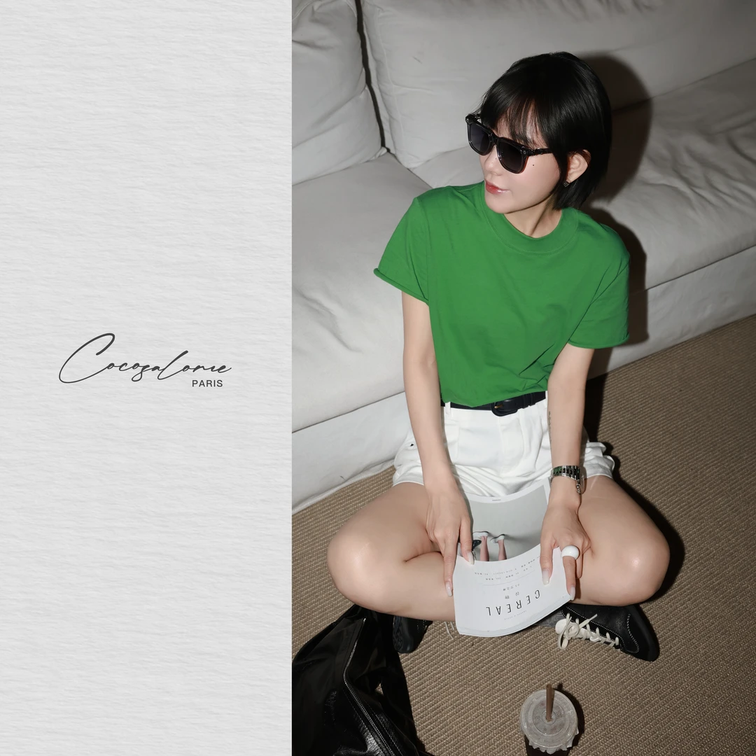 韩彬彬"小绿T"100高支R*W风定卷边染纯色夏季穿搭短袖T恤846W-9