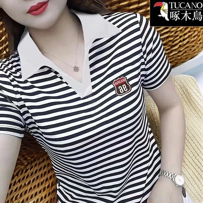 啄木鸟2025年新款翻领设计感T恤女夏季薄款休闲百搭条纹短袖上衣