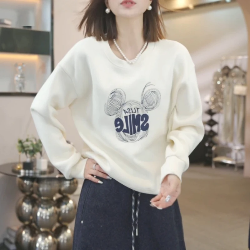 2025秋冬洋气宽松显瘦白色加绒加厚卫衣韩版圆领静奢风保暖上衣女