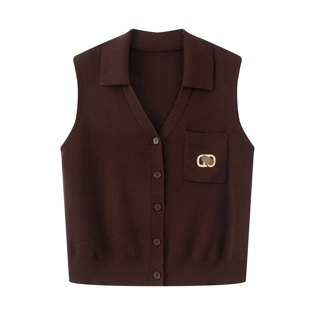 商场同款2025早秋新款软糯翻领无袖针织背心马甲上衣女803029春秋