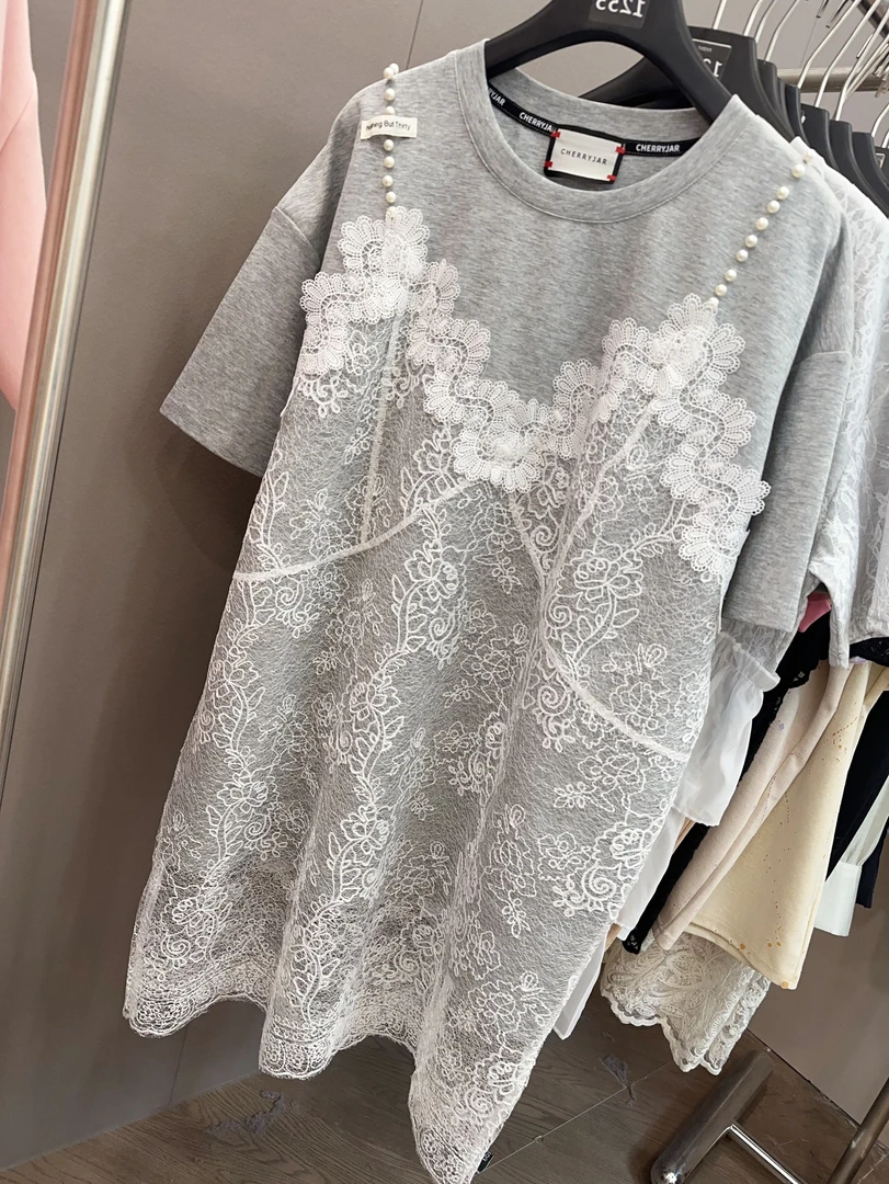 【251255】蕾丝时尚女士夏季灰色印花圆领拼接连衣裙