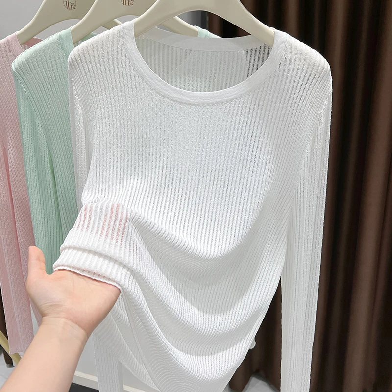 白色新款软糯针织圆领长袖上衣女夏季爆款外搭宽松防晒T恤罩衫潮