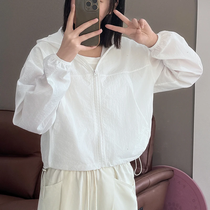 夏季女透气短款防晒衣薄款短外套休闲防晒衫宽松韩版连帽防晒服