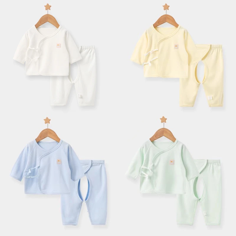 新生儿无骨纯棉秋衣套装婴儿纯色长袖系带魔术贴分体开裆秋衣裤