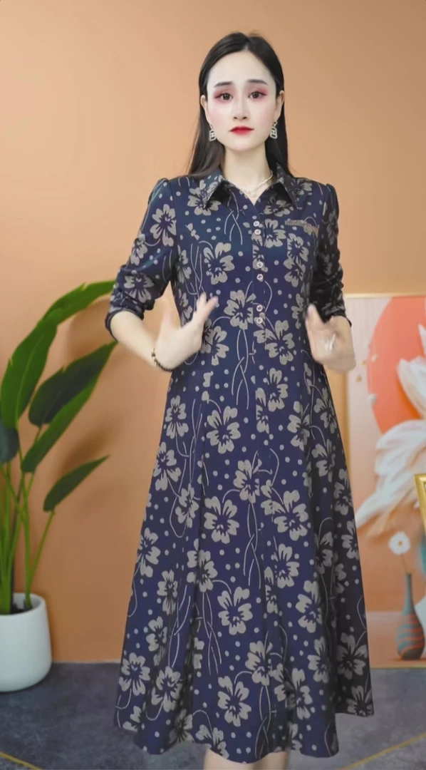 A030显瘦气质长袖洋气印花POLO领打底修身收腰复古时尚连衣裙
