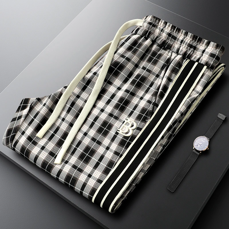 轻奢男士黑白格子新款运动裤夏季薄款修身潮流小直筒格纹男裤子