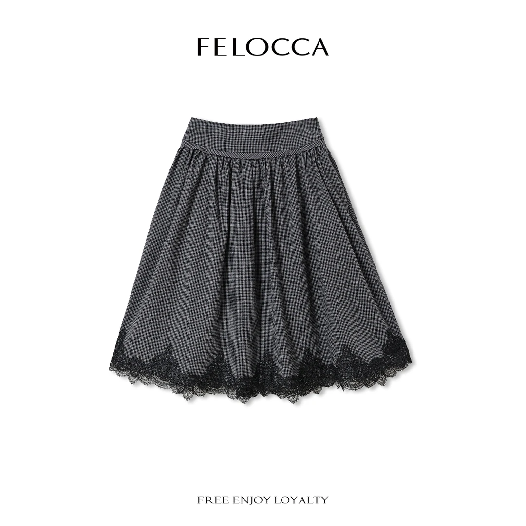 NO退NO换【FELOCCA】复古高腰格纹蕾丝花边拼接显瘦半身裙NYN-4346