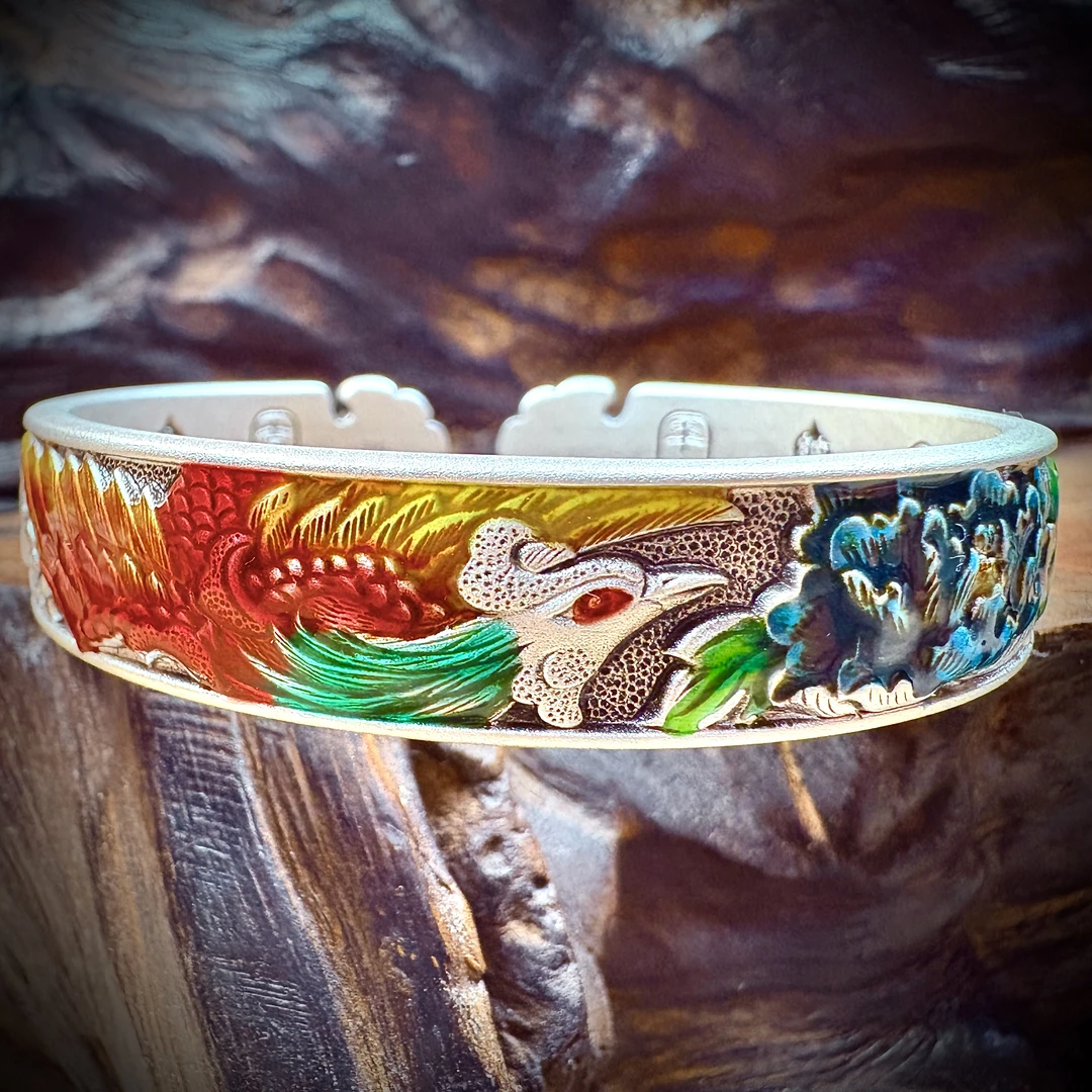 足银手镯 足银精工宽面开口镶嵌凤凰手镯镯子精美民族风复古