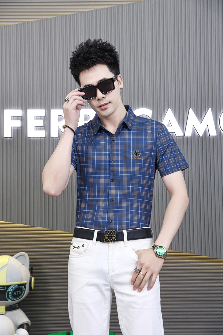 男士夏季格时尚格子短袖衬衫百搭薄款潮流修身衬衣