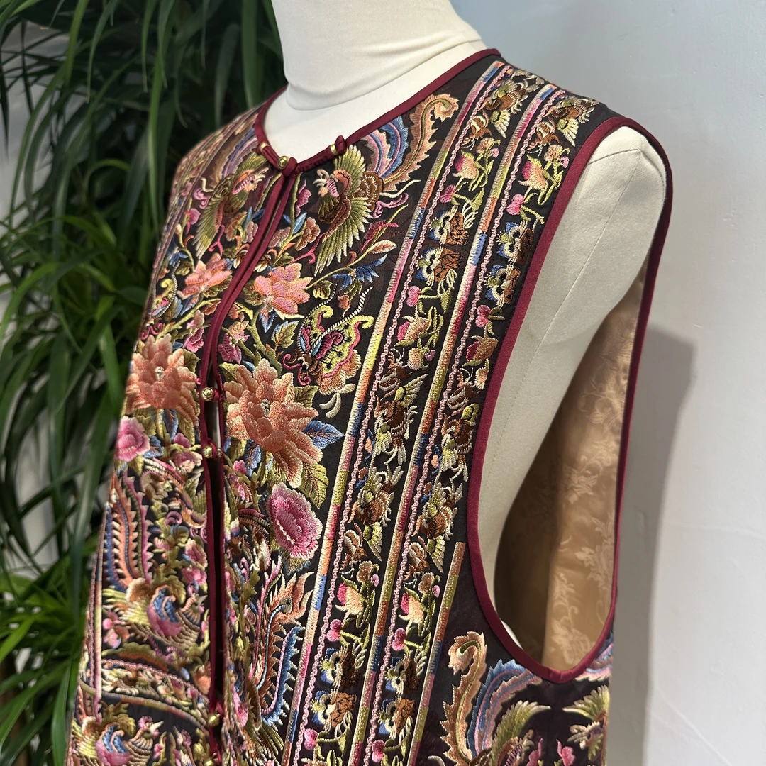 2025新中式桑蚕丝香云纱马夹刺绣薄款复古花色双层两面无袖圆领