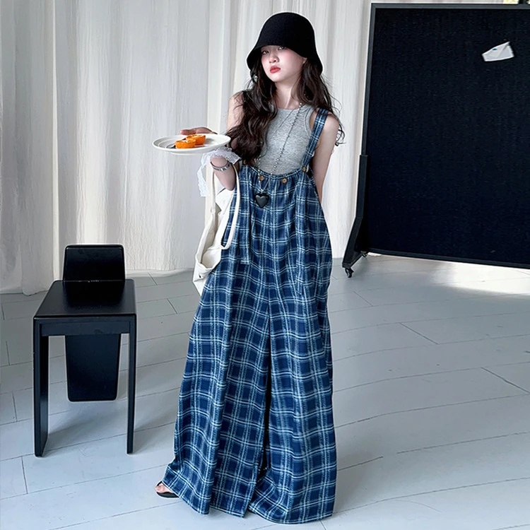 [麦哆哆」女童中大童春季韩系洋气慵懒格子吊带松弛感背带裤套装