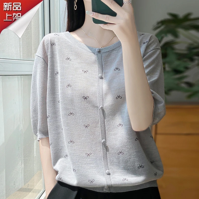 哥弟阿玛施正品夏日圆领假开衫冰丝针织短袖时尚蝴蝶结洋气T恤女