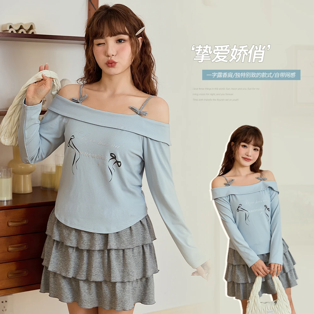 韩系撞色蝴蝶结一字肩上衣女胖mm大码设计感修身显瘦长袖65206