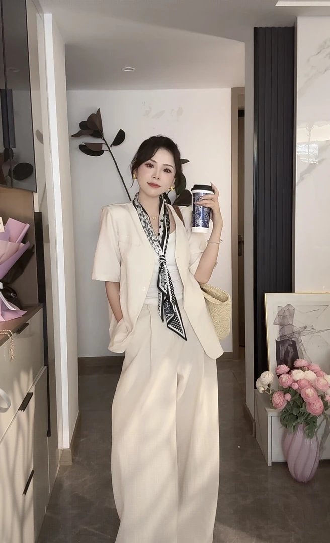 亚麻V领西装+阔腿裤两件套女简约高级感短袖通勤套装